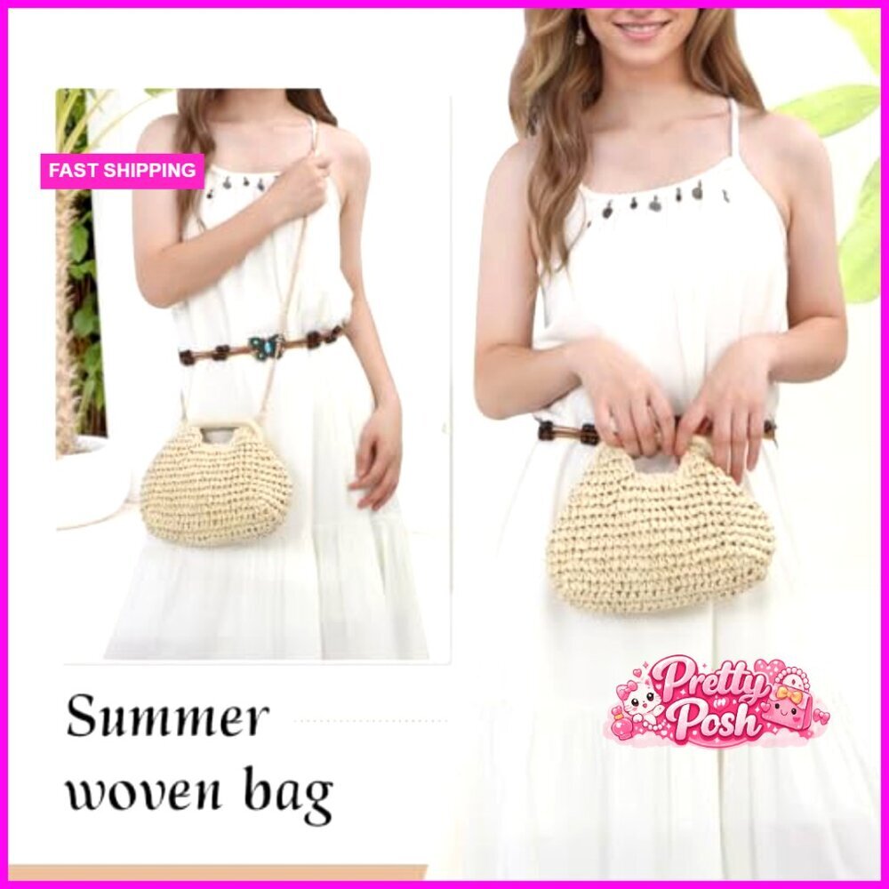 Paper Rope Straw Dumpling Clutch Purse with Detachable Crossbody Chain Strap - Picture 2 of 7